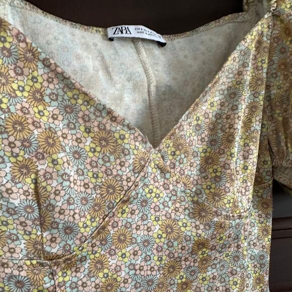 ZARA | Hammered Satin Pastel Floral Mini Dress with Puff Sleeves | Size Small - Picture 6 of 7